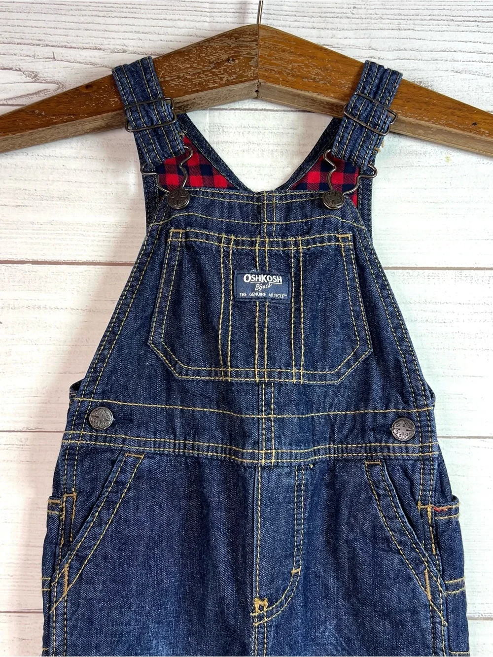 Oshkosh B'Gosh Denim Bib Overalls Vestbak Button Up Snaps Flannel Size 24 Months
